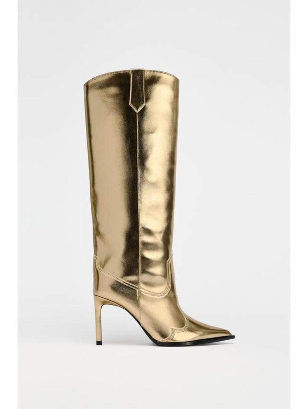 Zara Metallic Gold Knee High Boots Size 41 Western Kitten Heel